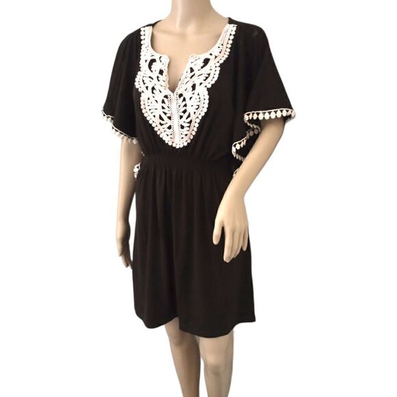 Y2K Bohemian Dress M Jersey Knit Flowy Woodland Fairy Crochet Dolman Sleeves - Picture 11 of 16